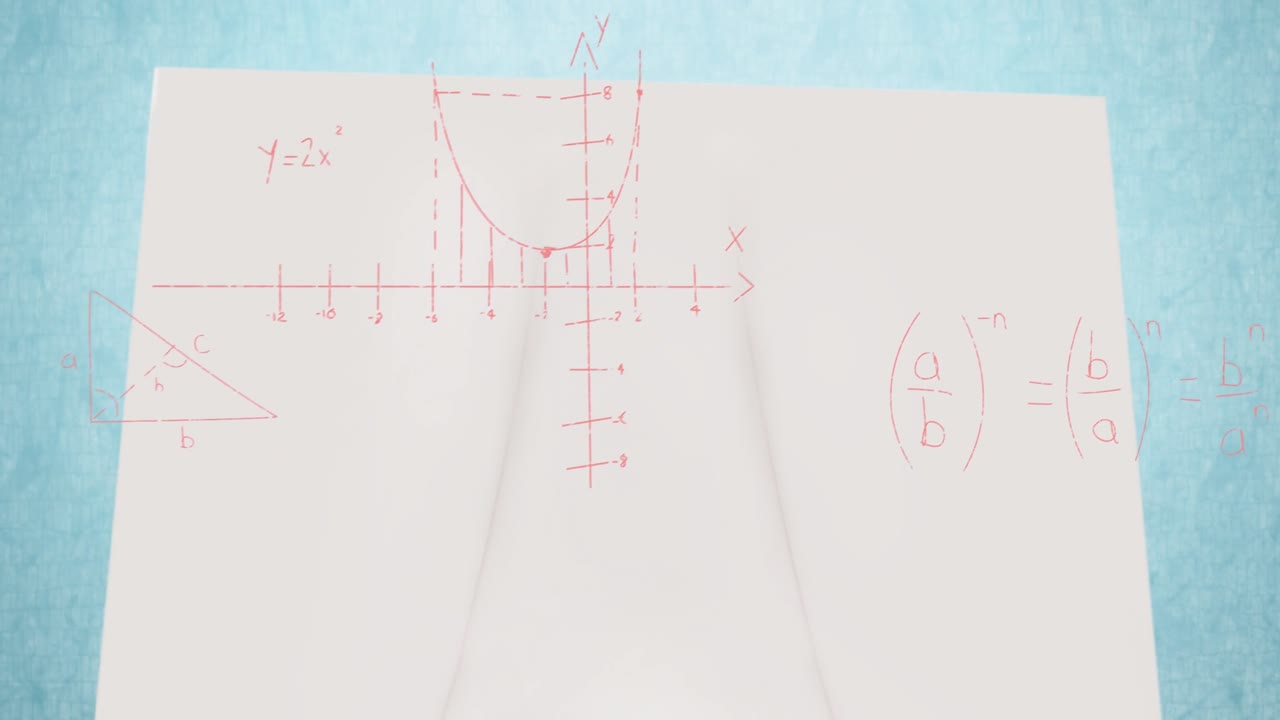 Animation of handwritten maths formulae and calculations moving over blank paper on blue desk top