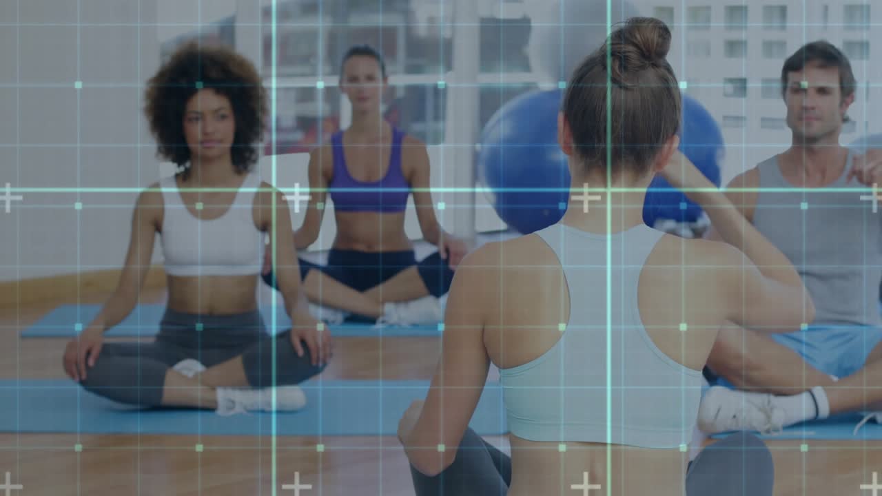 Fitness instructor cueing group mirroring side bends, grid overlay guiding hold-release to smiles