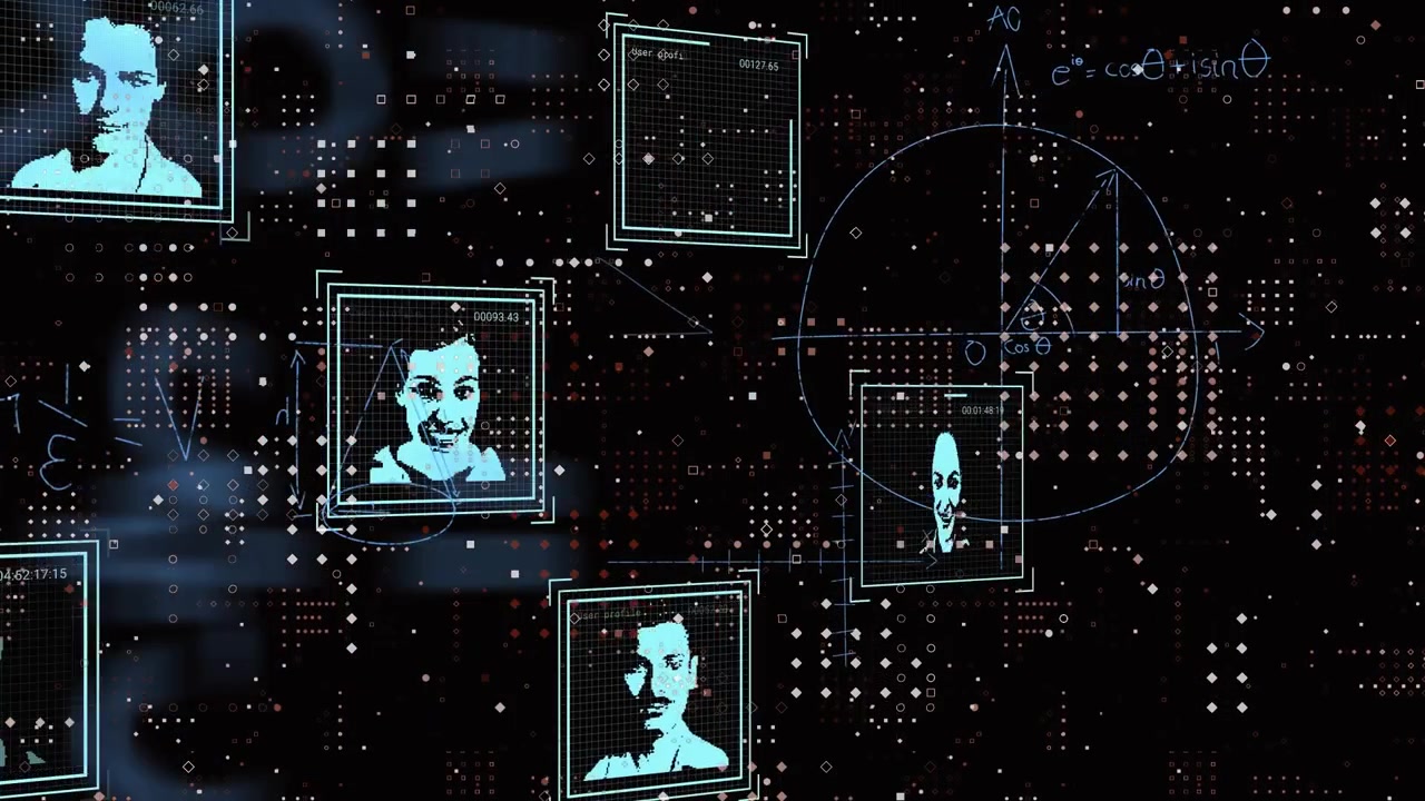 Animation of multiple profile icons, mathematical equations and dots pattern on black background
