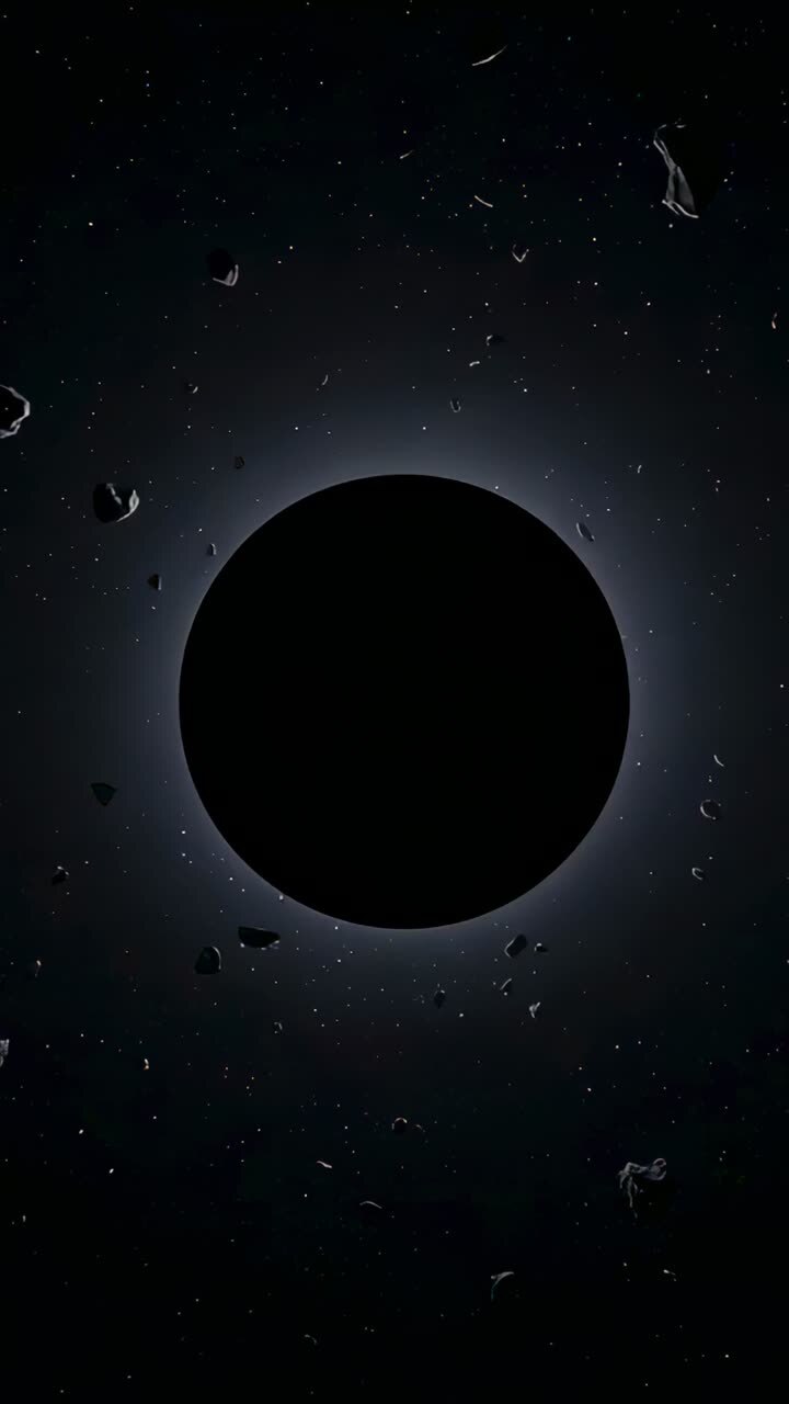 Vertical video: Drifting fragment from right approaching grazing black disk rim with halo in space