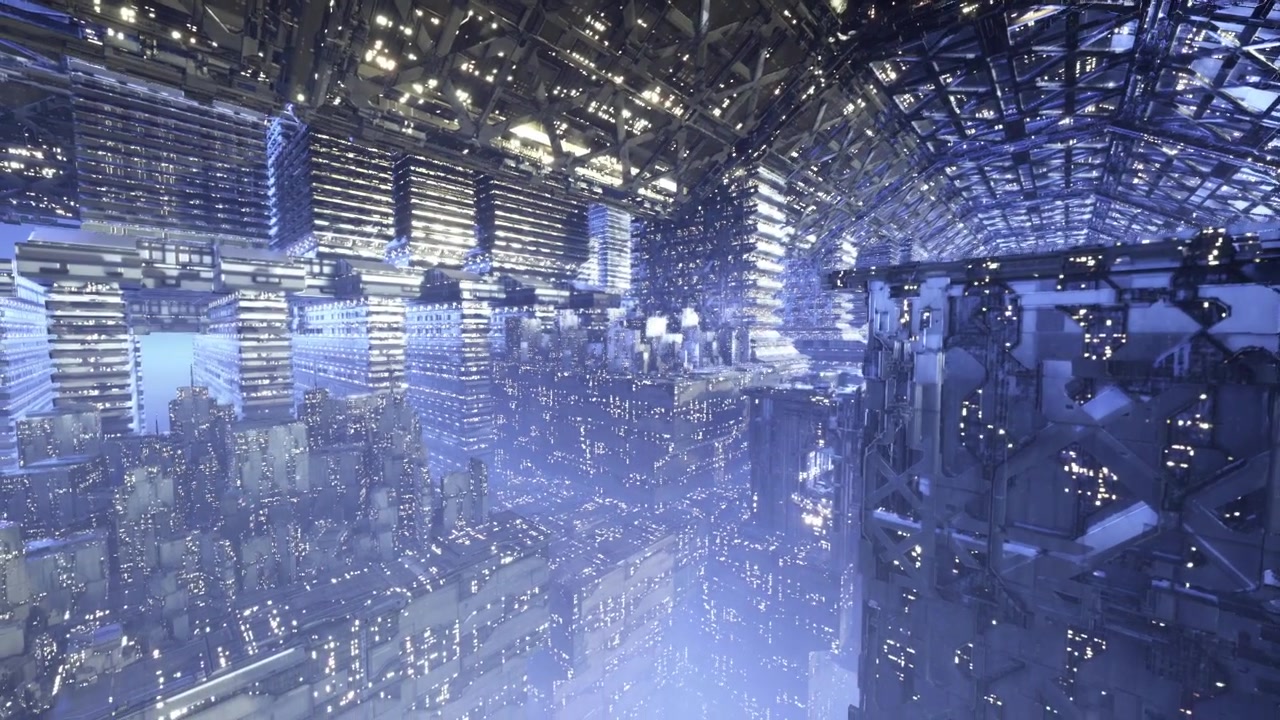 Bright metallic chamber featuring hanging walkways and scaffolding