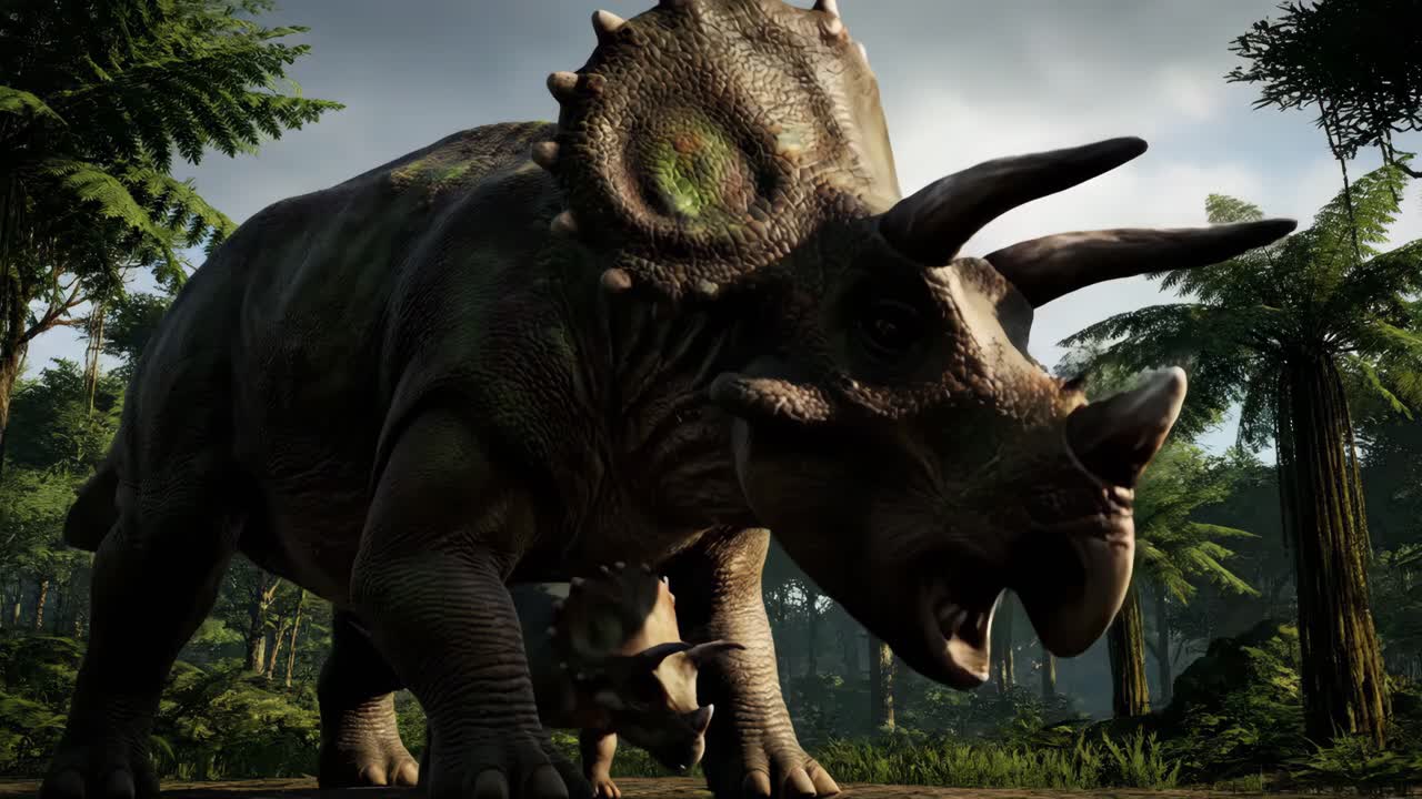 Triceratops Family in a Lush Prehistoric Landscape