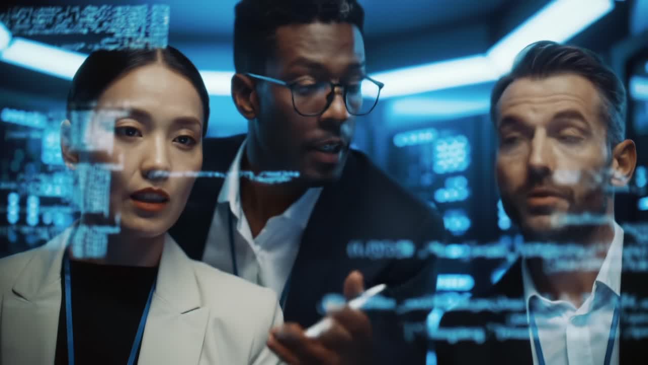 A diverse team of professionals analyzes complex data on digital screens, showcasing collaboration and critical thinking in a high-tech environment focused on cybersecurity
