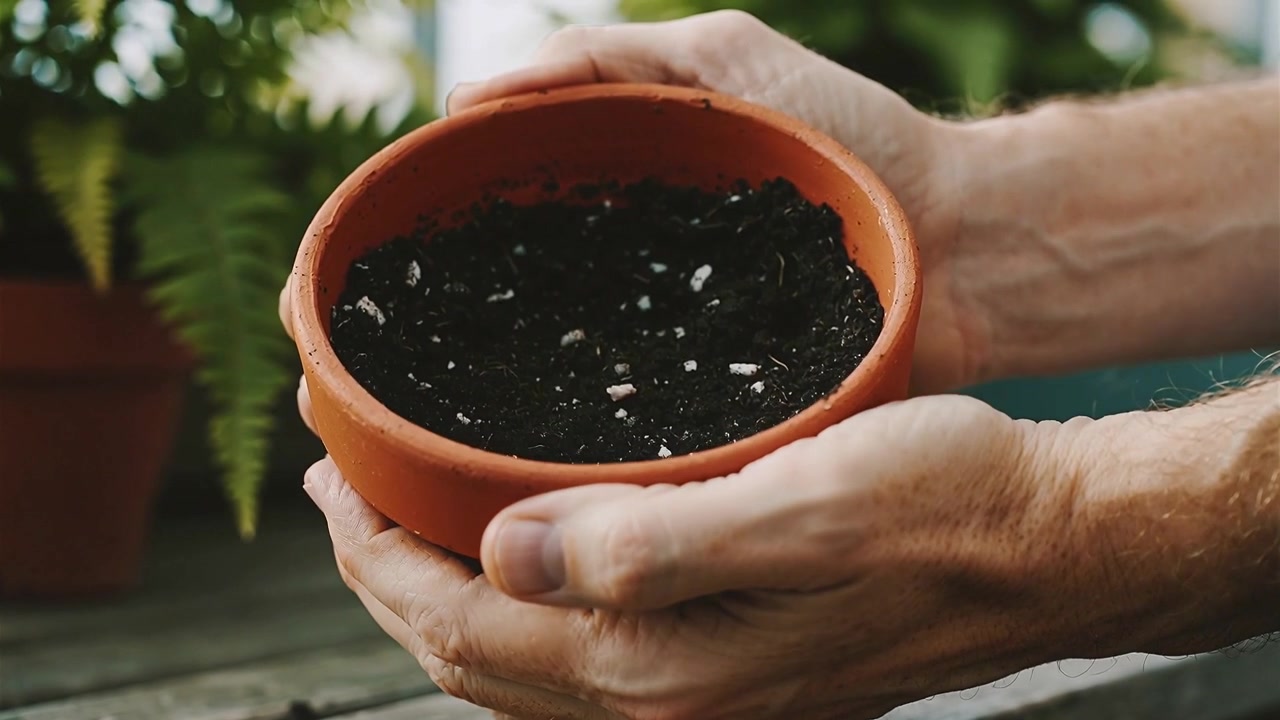 Avambracci e mani nudi che si allungano, sollevando un vaso di terracotta su una panca da patio, mostrando il terriccio.