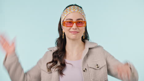 fashion, face and happy woman with frame hands