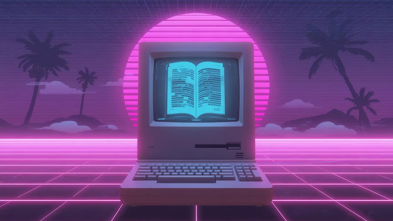 Retro Synthwave Computer with Open Book