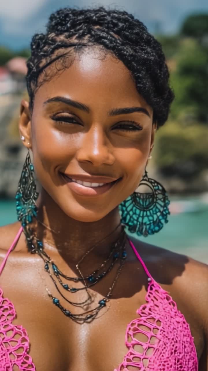 Una giovane donna radiosa si gode una giornata di sole in spiaggia, mostrando con sicurezza la sua bellezza e la sua moda vivace in un sorprendente costume da bagno rosa con accessori eleganti