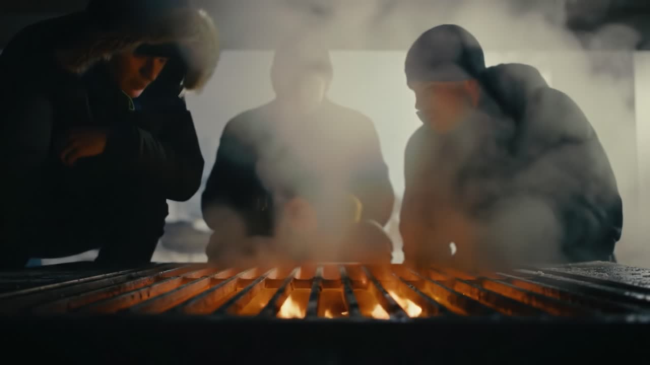 Three individuals gather around a grill, absorbed in the mesmerizing flames and swirling smoke, creating an atmosphere of warmth and camaraderie in the cold air