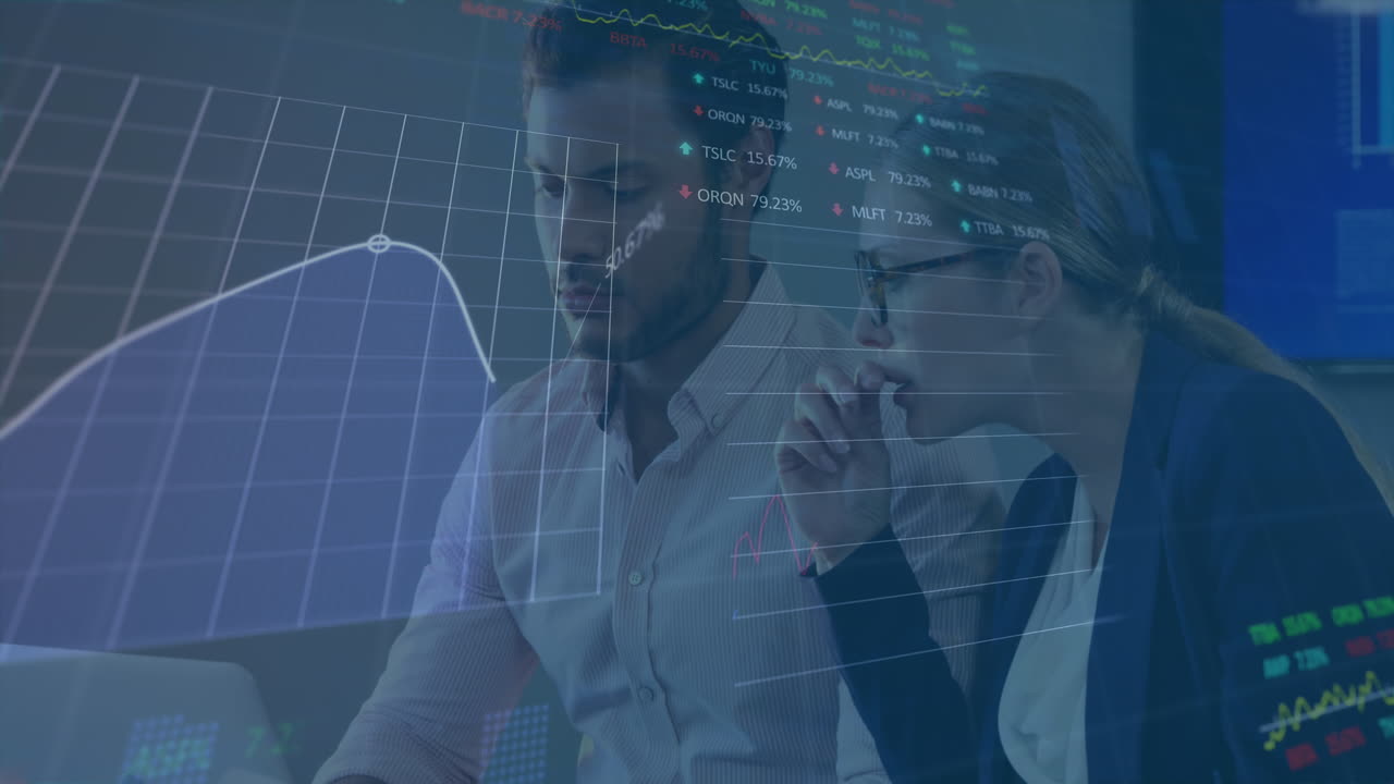 Animation of stock market data processing over caucasian businessman and businesswoman discussing