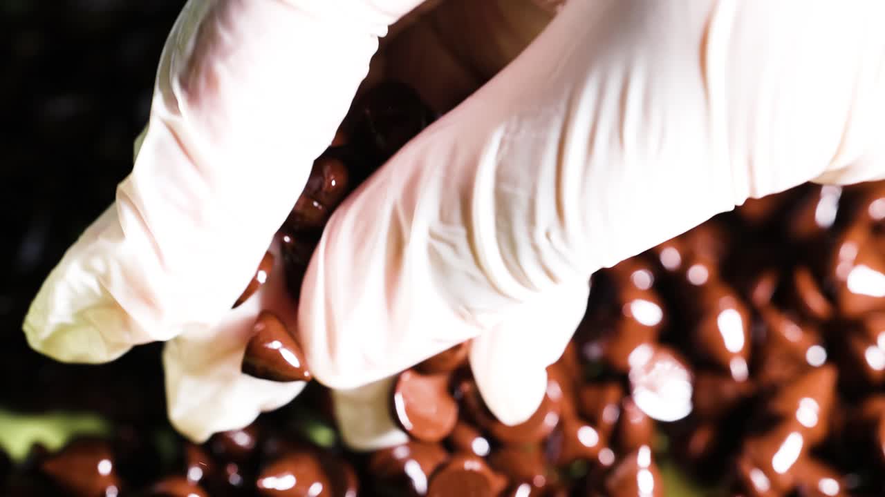 manos con guantes clasificando trozos de chocolate