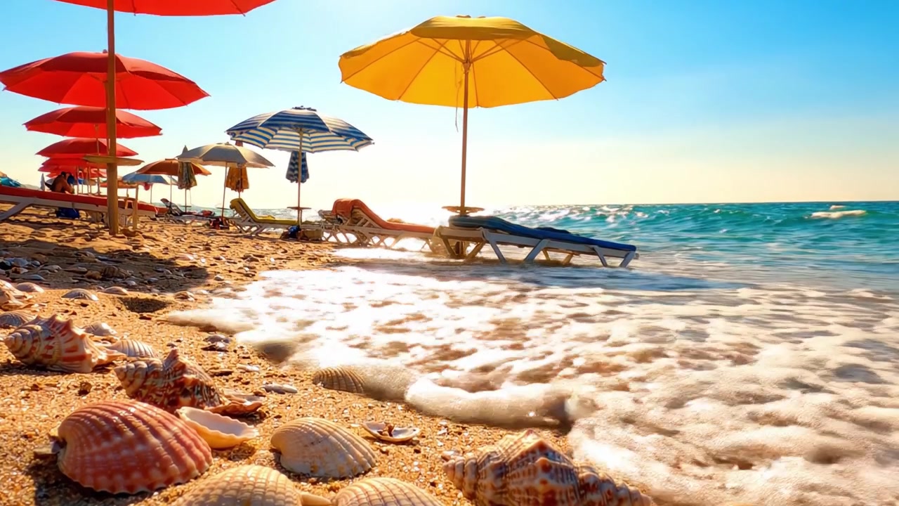 Een serene strandscène met kleurrijke parasols en schelpen: genietend van de rust aan de kustlijn onder een helderblauwe hemel