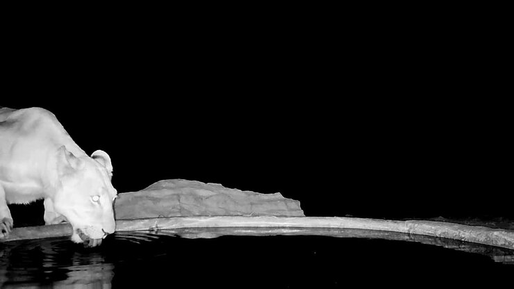 Camera Trap next to waterhole captures lioness drinking in darkness, copy space