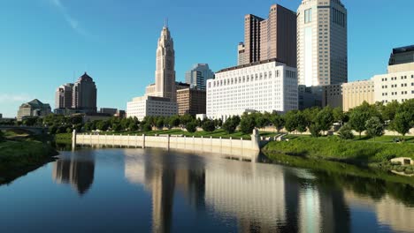 reflejo de agua de horizonte aéreo soleado con pan a edificios - columbus, ohio