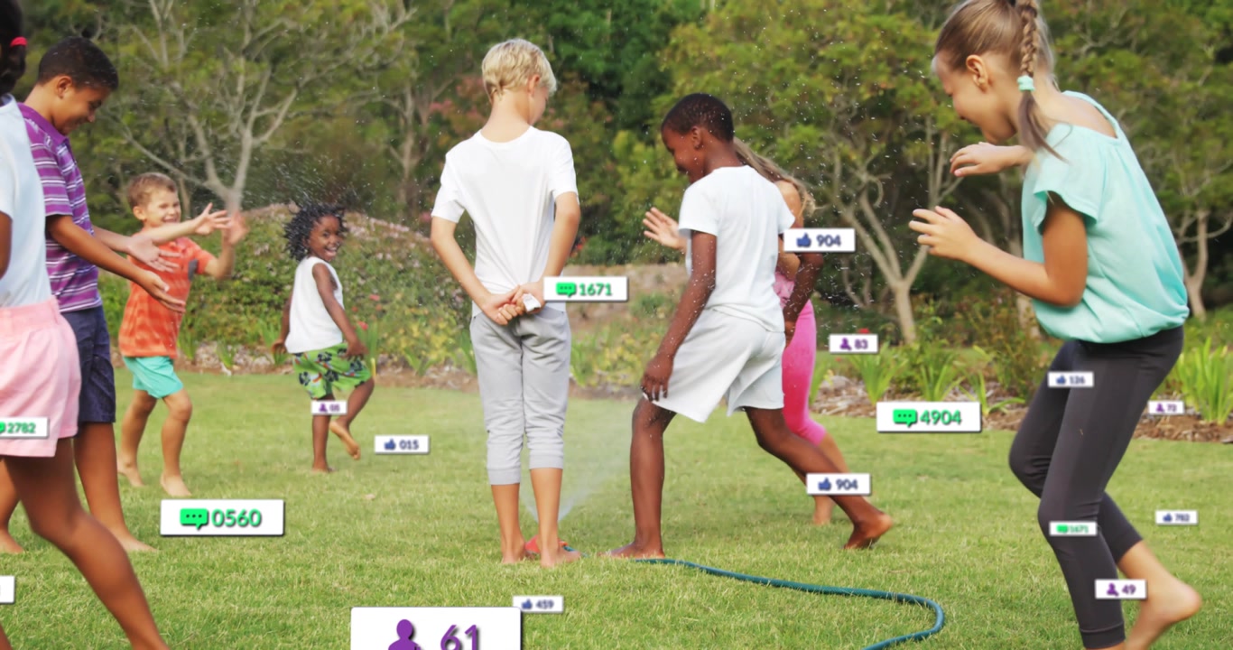 Centered kids stepping over hose, spray causing movement, counters growing above showing metrics