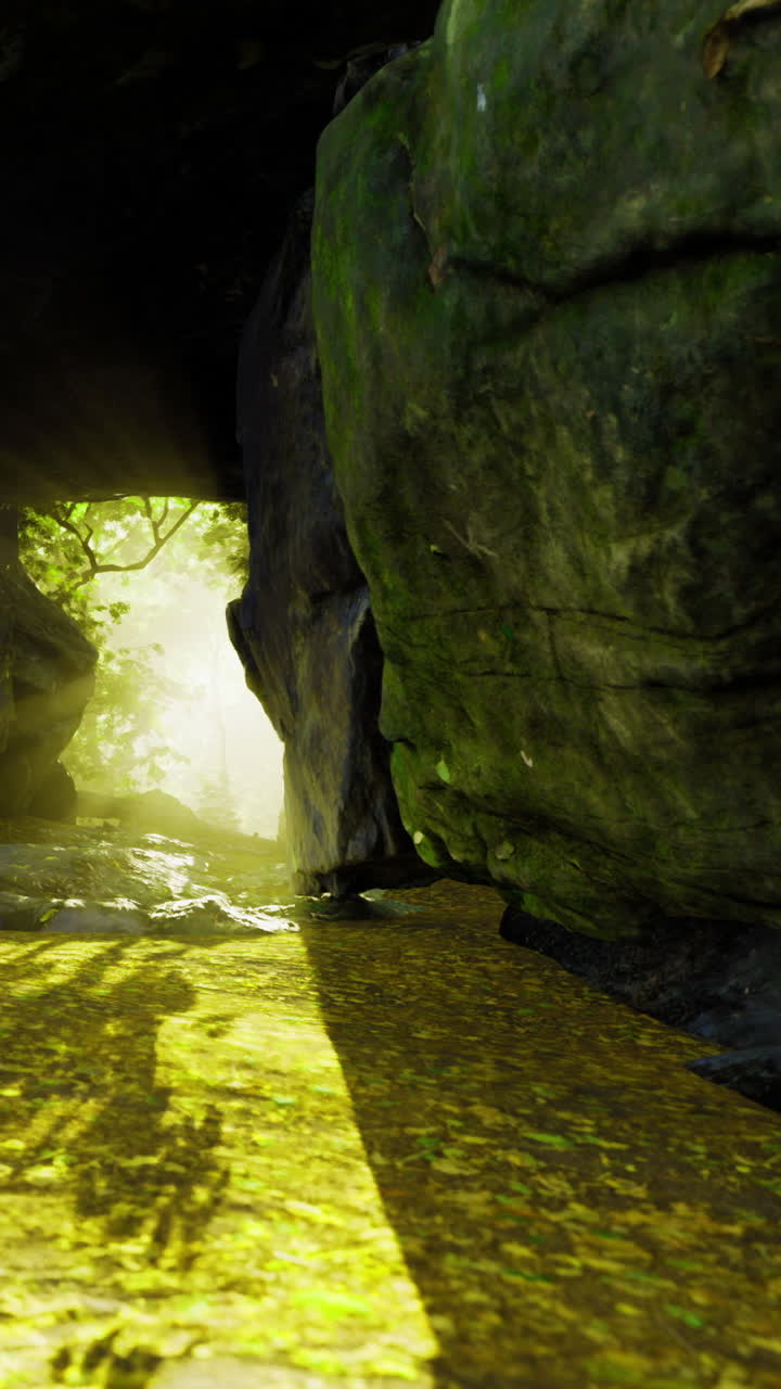 La luce del sole filtra attraverso le rocce in un sereno sentiero nel bosco vicino a un ruscello tranquillo.