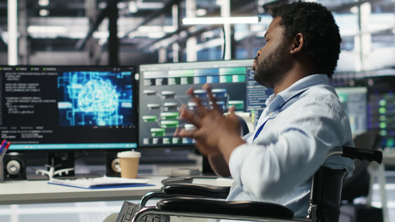 Engineer using wheelchair in data center using AI node tree software