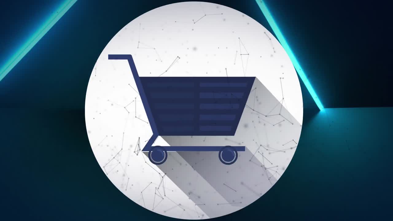 animación del código qr parpadeante y el icono del carrito de compras en línea con senderos de luz brillante azul