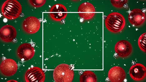 Animation-of-white-frame-with-stars-and-snow-falling-over-red-christmas-baubles-on-green-background