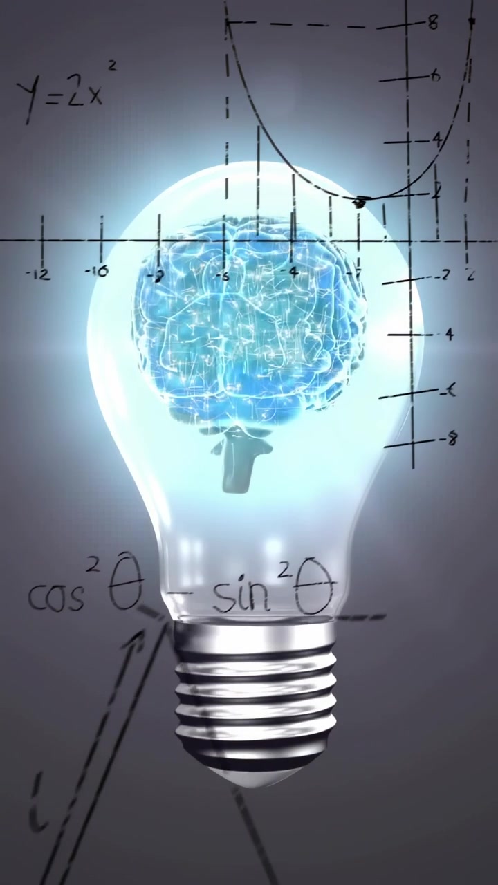 Glowing metal base bulb holding blue brain animating through frames on gray backdrop, showing math