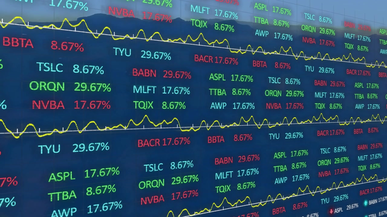 Digital stock market display presenting tickers with colored percentages and lines in flat design