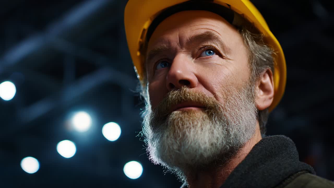 A thoughtful construction worker wearing a yellow hard hat gazes upward with a look of determination, deep in contemplation about his work and the challenges that lie ahead in the construction environment