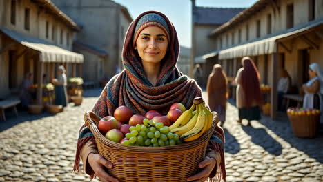 woman holding a basket of fruit in a historical marketplace