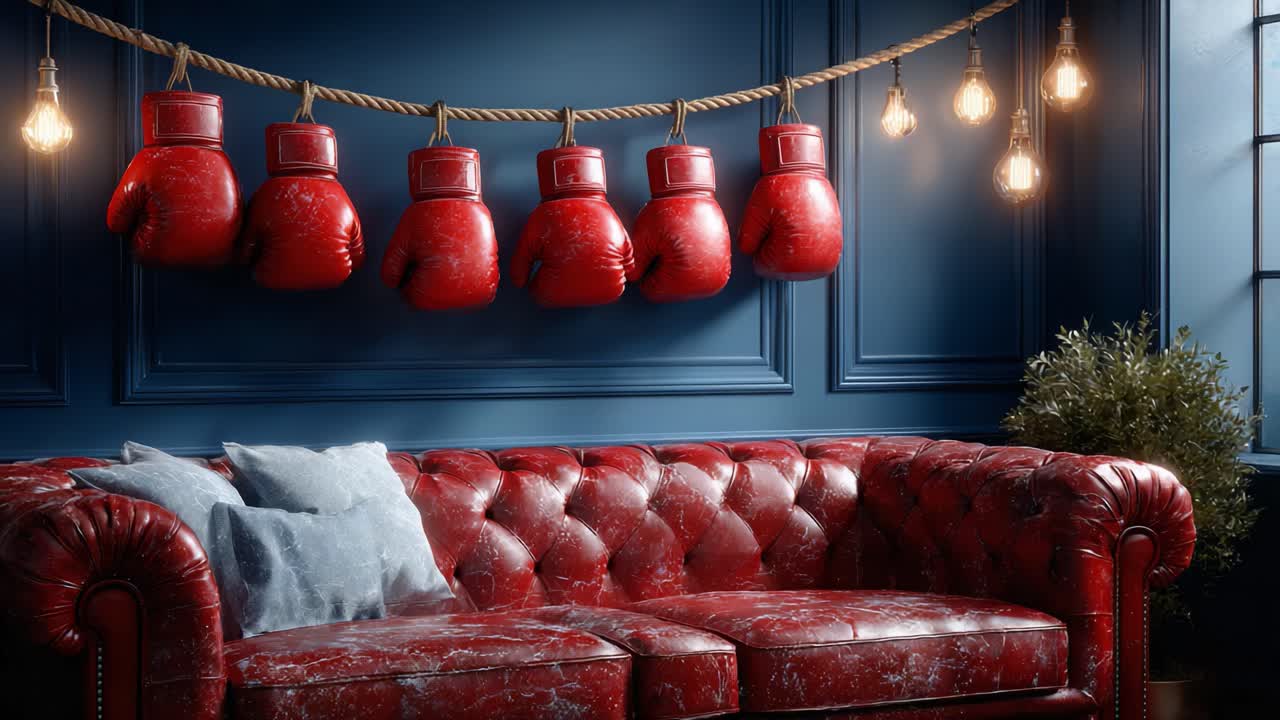 A Unique Interior Design Featuring Red Boxing Gloves Decoratively Hanging Above a Vintage Red Couch with Cozy Pillows, Illuminated by Stylish Hanging Lights