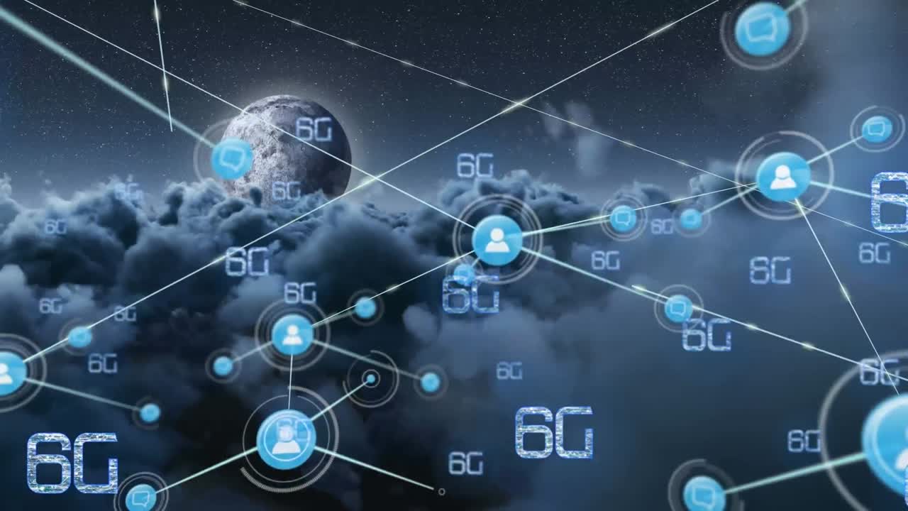 red de iconos de perfil y textos de 6g contra nubes oscuras y luna en el cielo nocturno