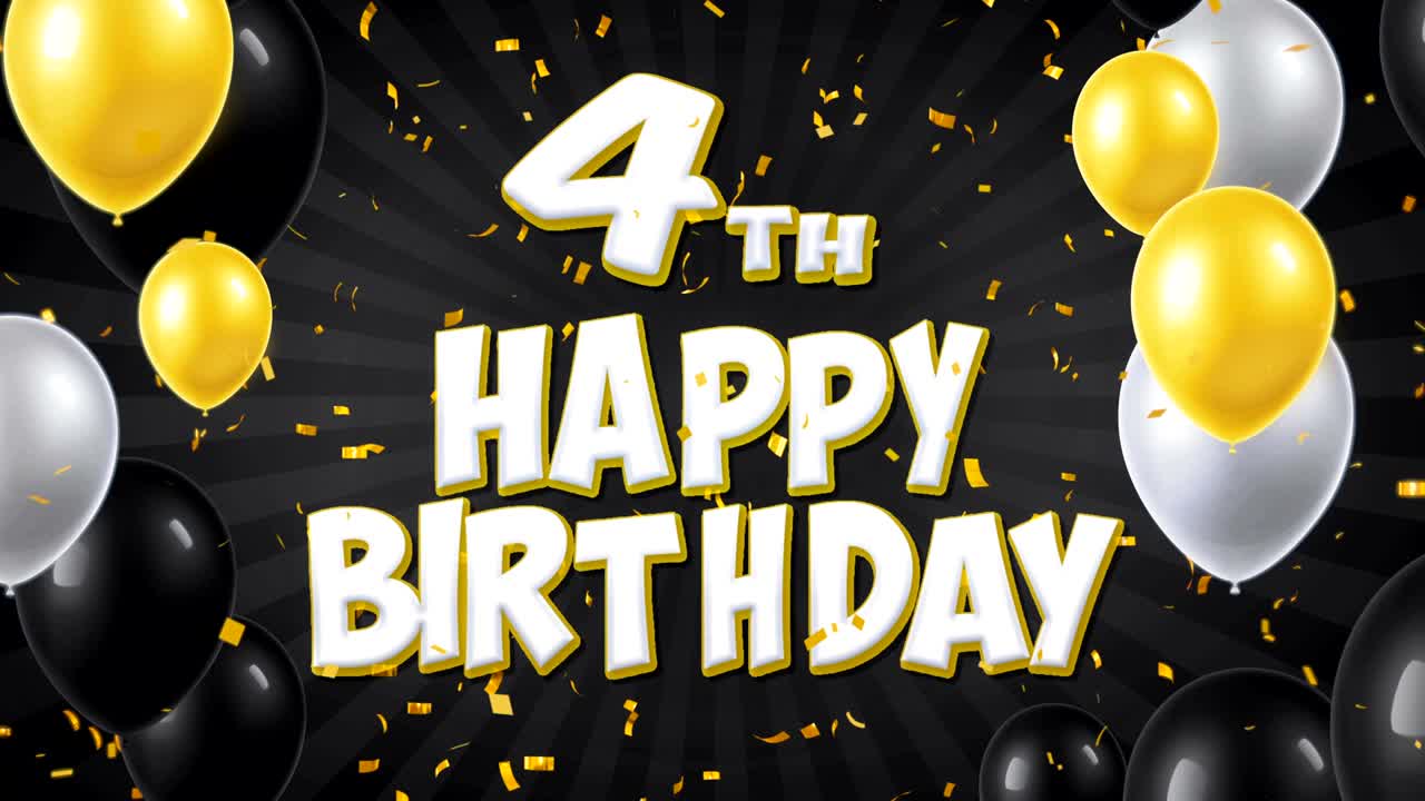 4o feliz cumpleaños texto negro con confeti dorado cayendo y partículas de brillo, coloridos globos voladores animación de bucle sin fisuras para el saludo de regalo, tarjeta de invitación, fiesta, celebración, festival.