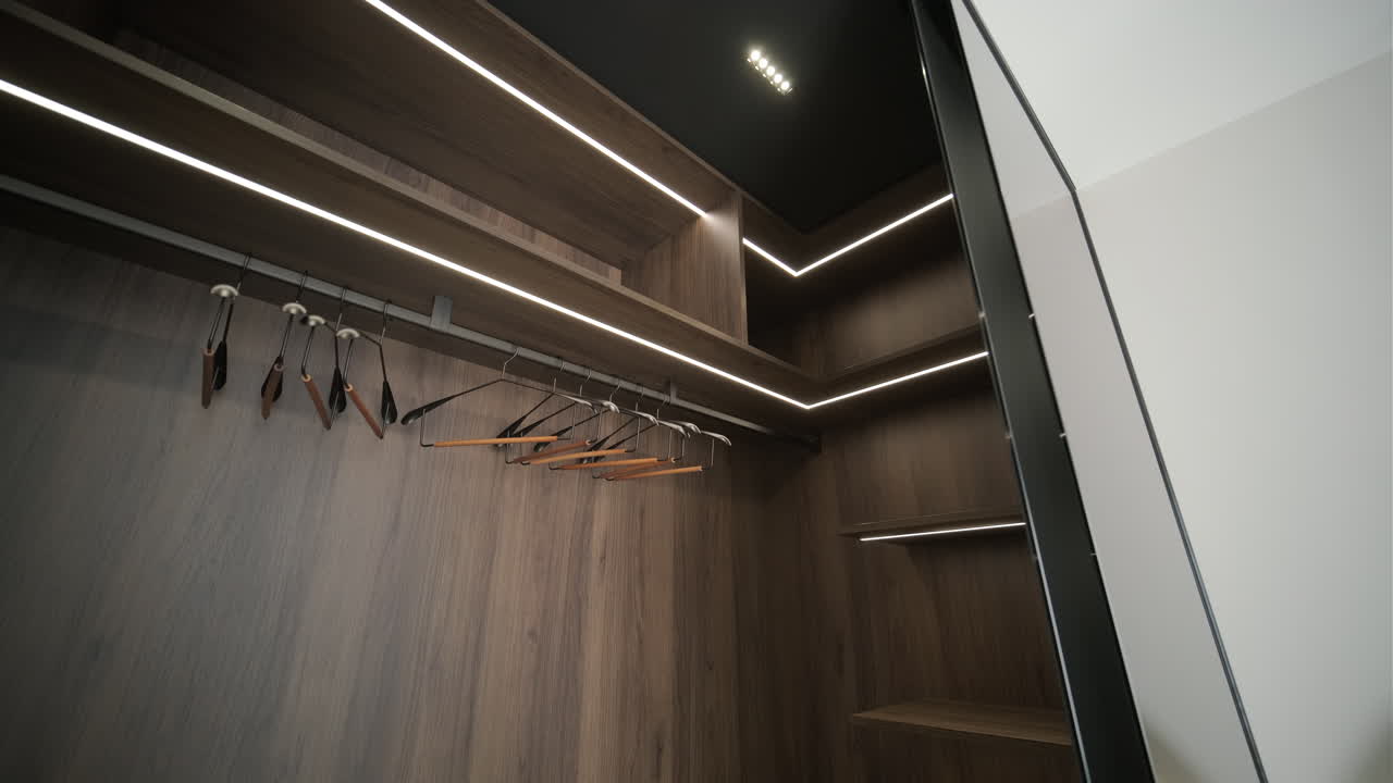 Işıklı Ahşap Raflara Sahip Boş Modern Dolap