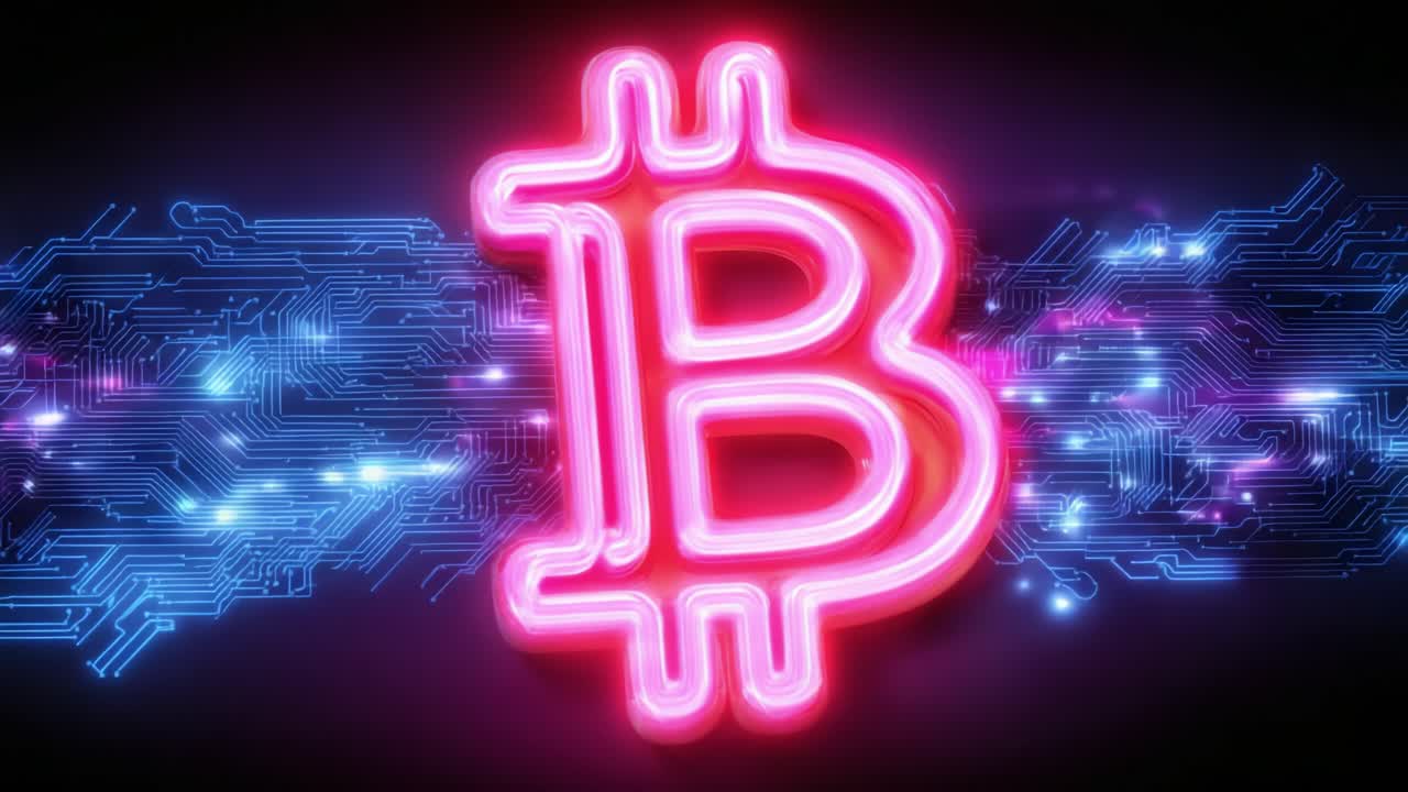 Illuminated Bitcoin Symbol with Digital Circuitry Background, Showcasing Cryptocurrency Innovation, Technology, and Modern Financial Systems in a Vivid Neon Display