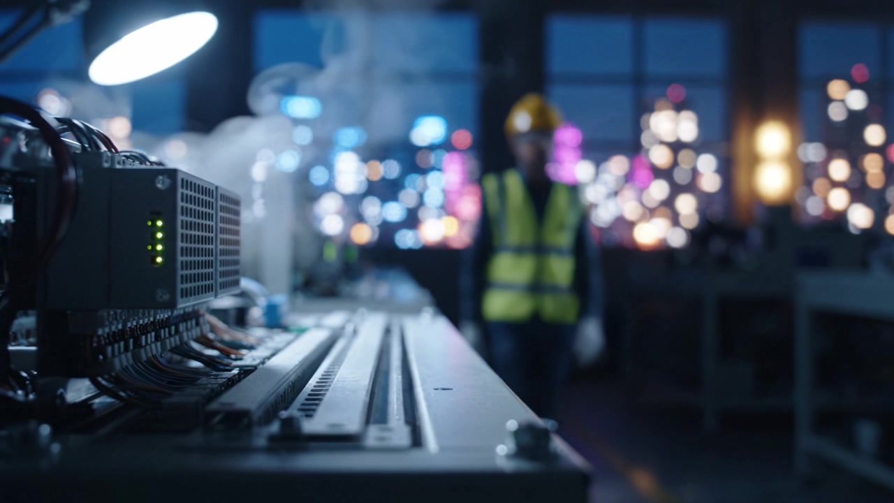 A Close-Up Look at Advanced Technology: Industrial Machine with Illuminated Controls Against a Night Cityscape Full of Colorful Bokeh Lights