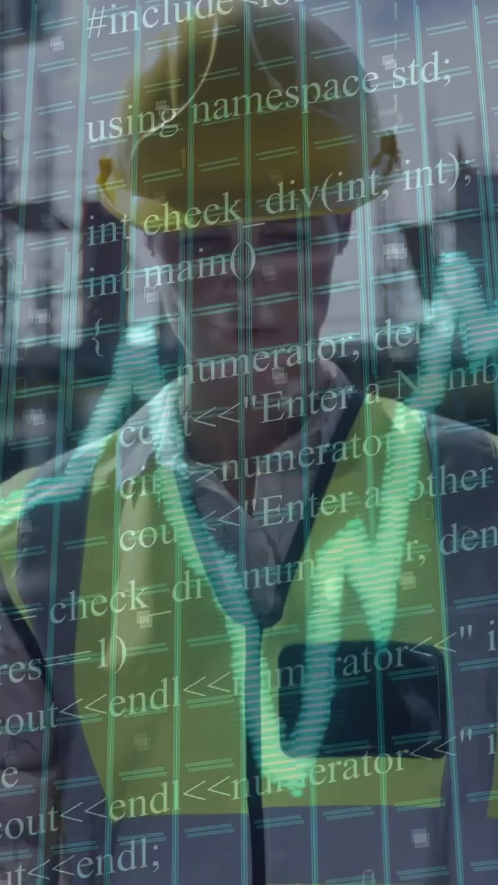 Vertikal video: Bygningsarbejder justerer vest, mens sensor starter grafikkode-gitter på vest til analyse.