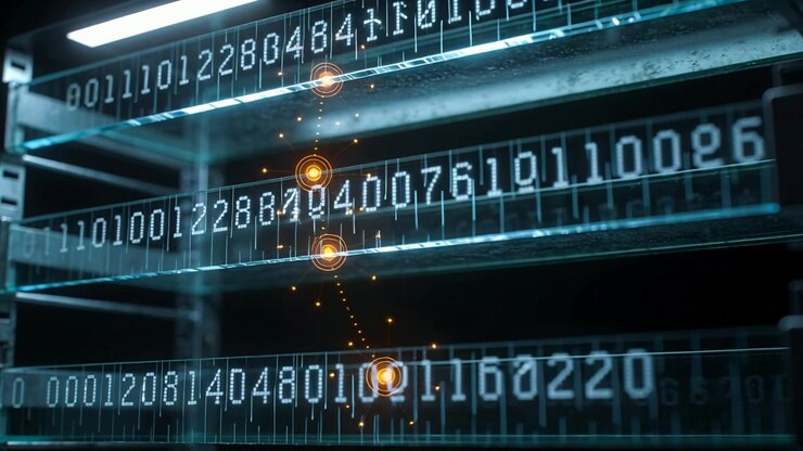 Signal arriving, hologram bands showing three orange markers descending along rack
