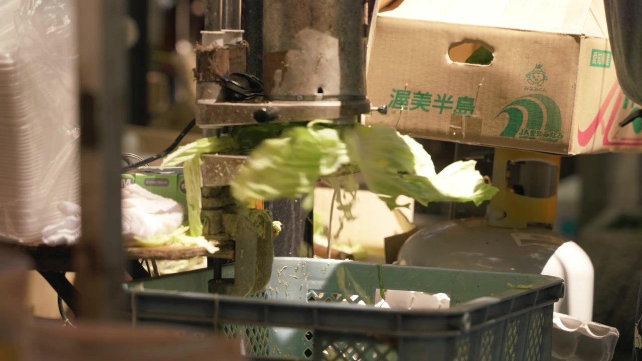 Mechanized Machine Shredding Fresh Cabbage Leaves Into Plastic Container At Food Preparation Station. close-up shot