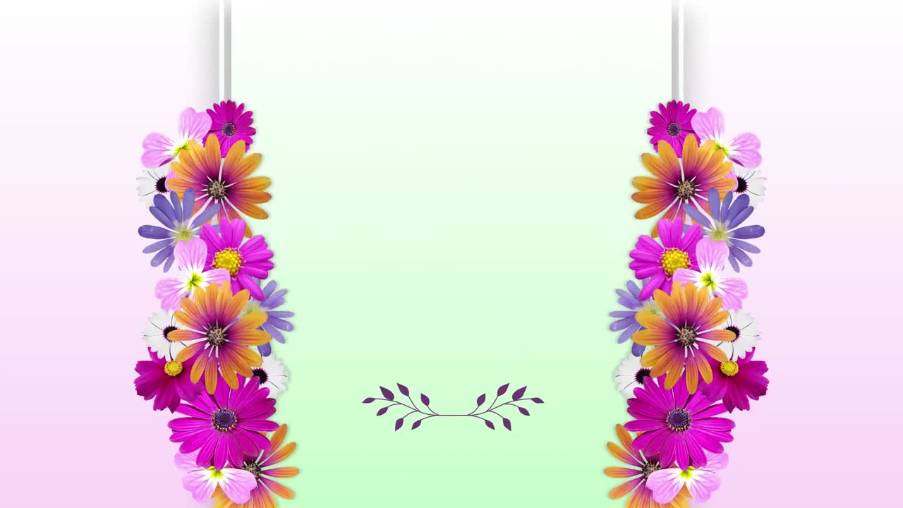 밝은 분홍색에 중앙 희미한 초록색 복사 공간과 프레임에 자라는 다채로운 꽃의 애니메이션