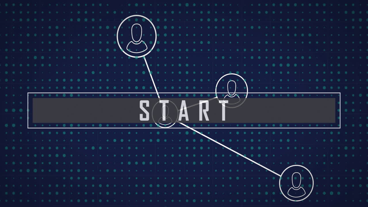 animación de la red de iconos de perfil y banner de texto de inicio contra el patrón de puntos en fondo azul