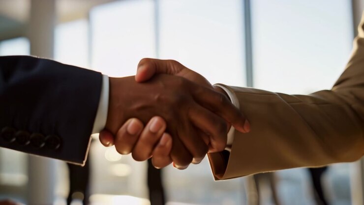 Close handshake between two adult business people in bright office setting, with dark suit sleeve on left and tan suit sleeve on right, soft background blur, warm daylight, formal workplace