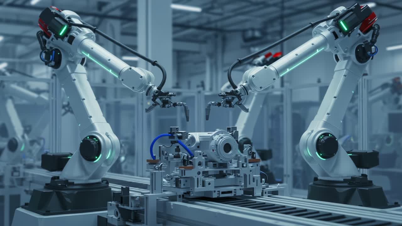 Advanced Robotic Arms Collaborating in a Modern Manufacturing Facility, Executing Precision Tasks with Efficiency and Automation for Enhanced Production Processes