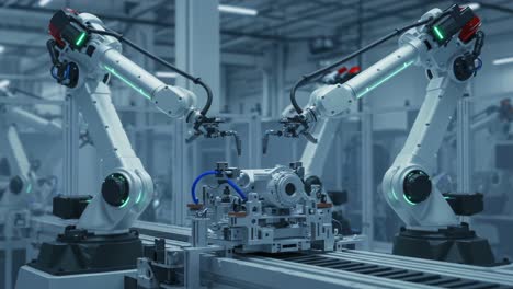 advanced robotic arms collaborating in a modern manufacturing facility, executing precision tasks with efficiency and automation for enhanced production processes