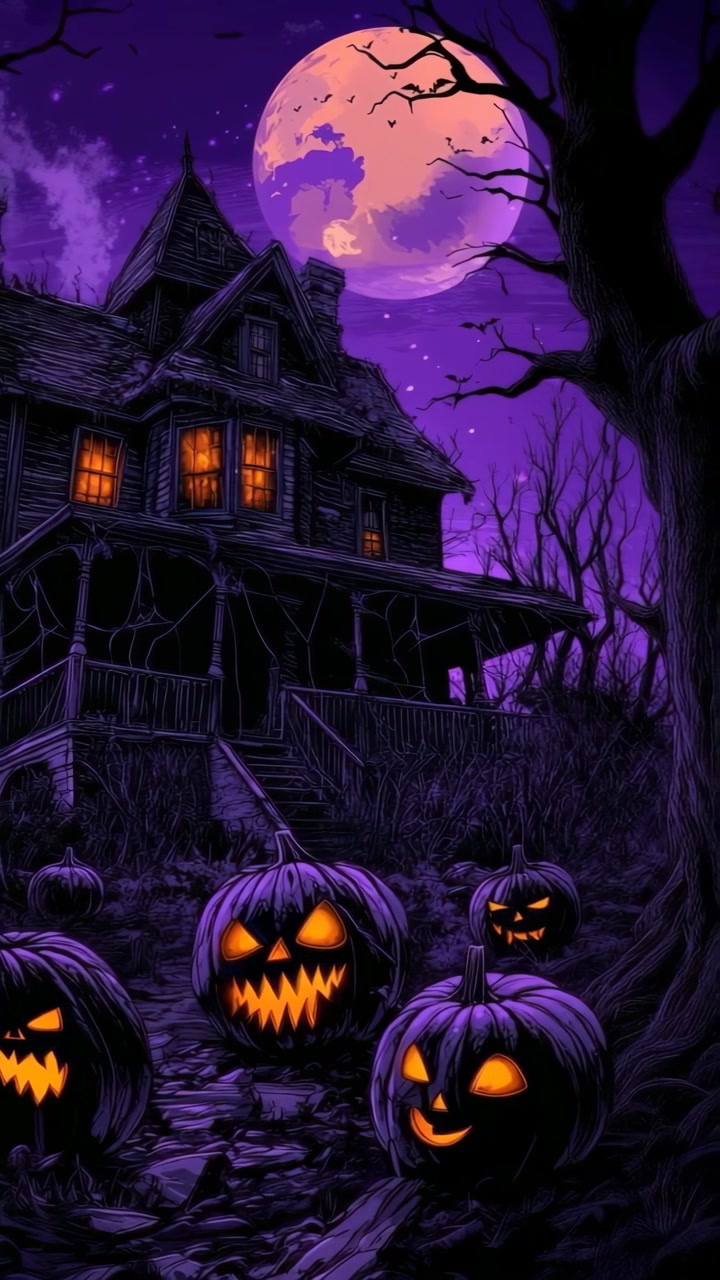 Spettrale casa stregata con jack-o'-lantern luminose sotto la luna piena