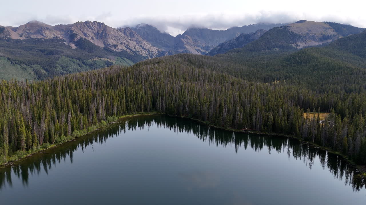 Aerial View of Pristine Alpine Lake Under Pine Forest and Mountain Hills, Drone Shot