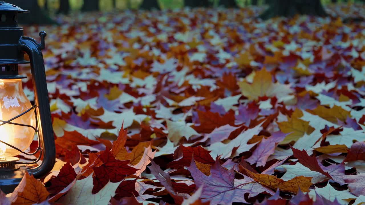 A vintage lantern glows amidst autumn leaves, captured at a low angle