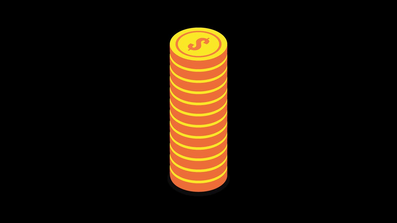Stacks of gold coins. Isometric loop animation in alpha channel. 4K resolution.