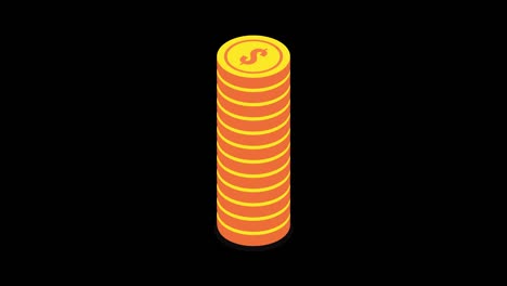 stacks of gold coins. isometric loop animation in alpha channel. 4k resolution.