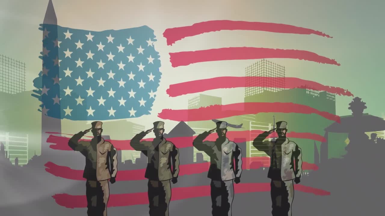 Animation of american flag and four soldiers saluting over cityscape