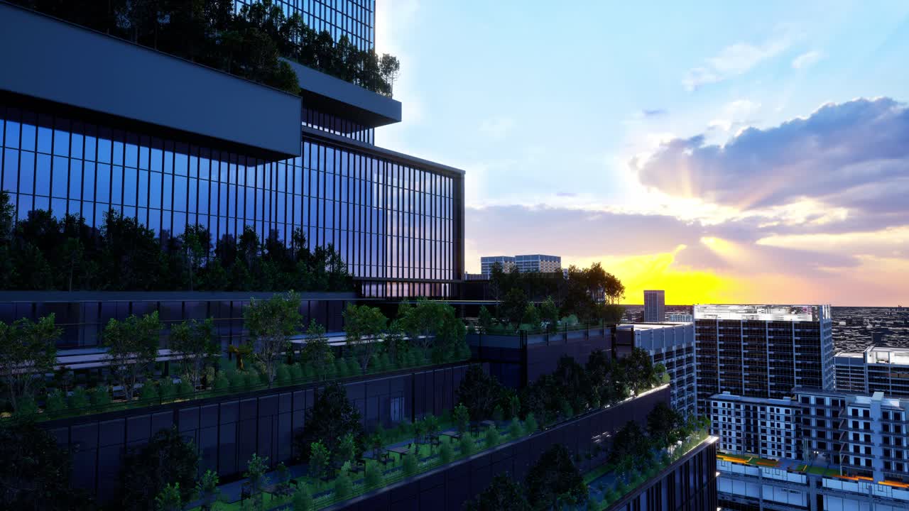 Sustainable Green Building. Eco-Friendly Building. Sustainable Glass Office Building With Tree For Reducing Carbon Dioxide. Office With Green Environment. Corporate Building Reduce Co2. Safety Glass