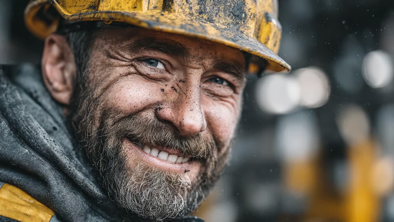 A Joyful Construction Worker Smiling Amidst a Dirty Environment, Showcasing Hard Work and Dedication to His Craft with a Sense of Accomplishment and Pride