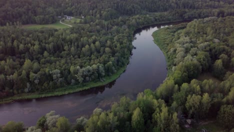 Volando-Sobre-Un-Río-Con-Curvas-Entre-Densos-Bosques