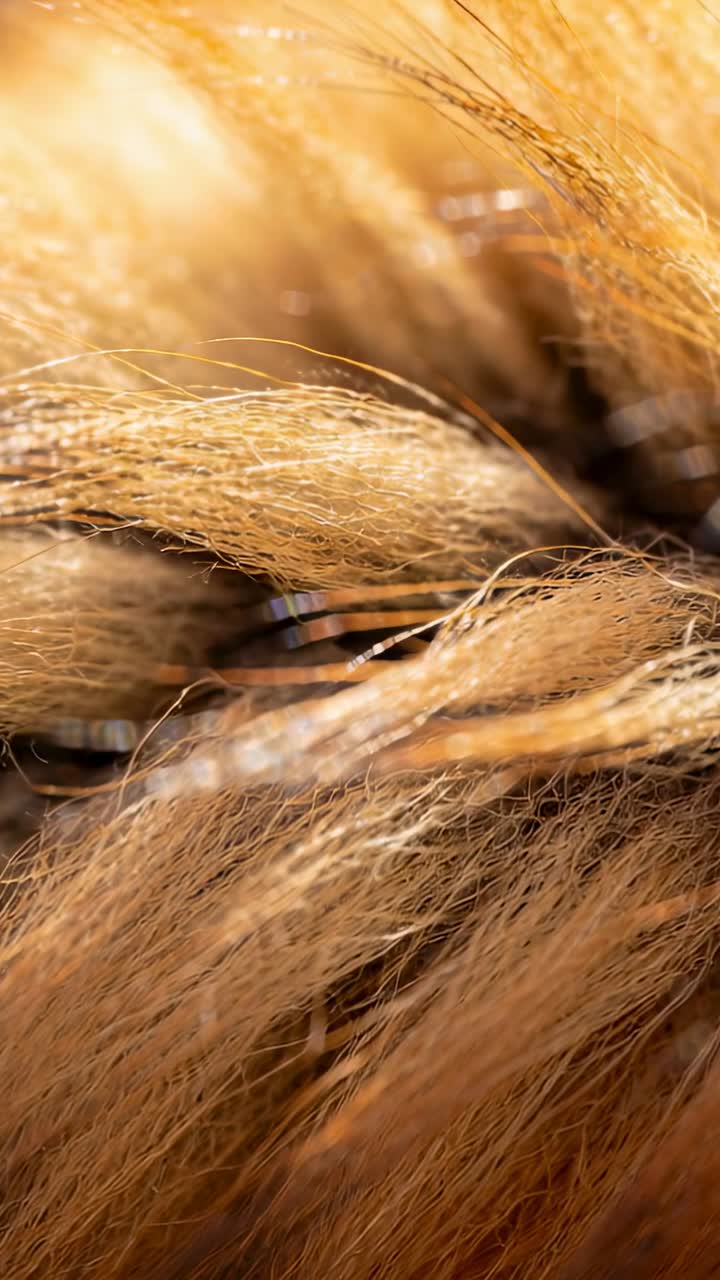 Abstrakte Nahaufnahme von goldbrauner Haarstruktur, die sich sanft bewegt
